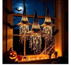 Halloween Hanging Lighted Mesh Witch Hat Glowing Star Tassels Decoration 3PIECE